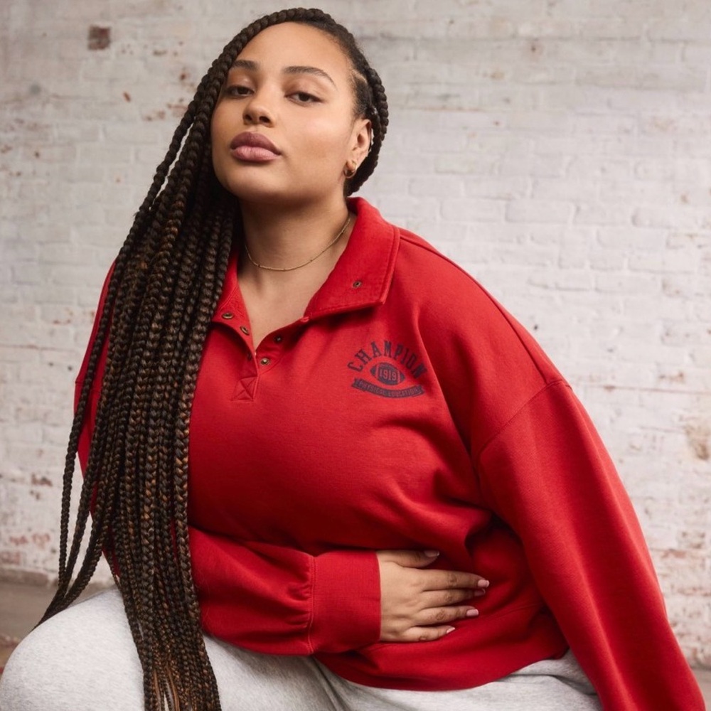 NWT 2X Champion LIMITED Long Sleeve Fleece 1/4 Snap Cropped Pullover, Red